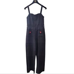 Vintage Retro DKNY Navy Linen Wide Leg Jumpsuit Petite 4 *No Belt* Red Buttons